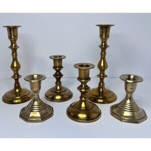 Vintage solid Brass Candle Holders Curated Set Of 6 Different Heights and patina